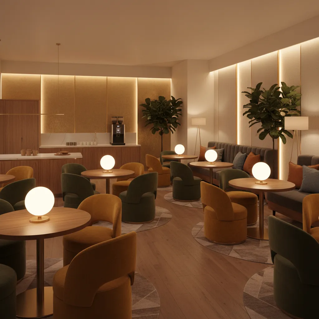 hospitality employee lounge with warm relaxing lighting