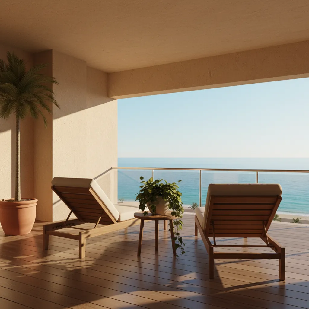 Luxury hotel balcony with neutral colors wood furniture and soft textiles