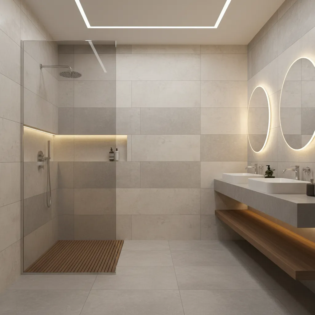 modern hotel bathroom with large porcelain wall tiles and walk-in shower