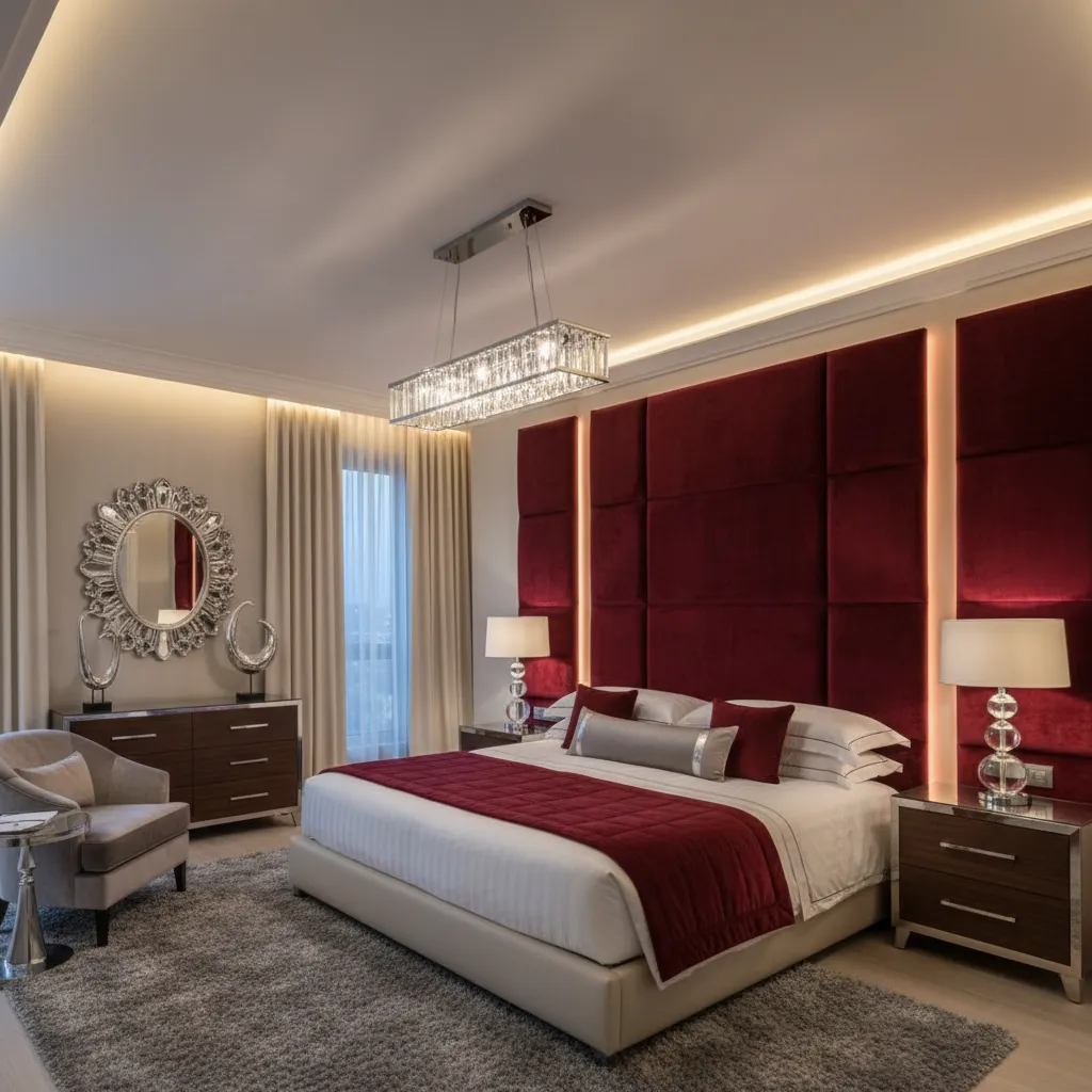 Bedroom interior showing layered lighting with burgundy wall and silver decor