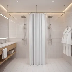 Large white bathroom with double shower heads a central curtain wooden vanity and white robes