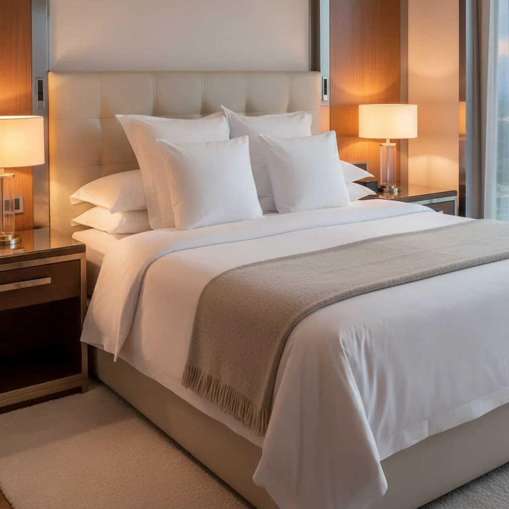 Luxury hotel style bed with layered pillows duvet and throw blanket