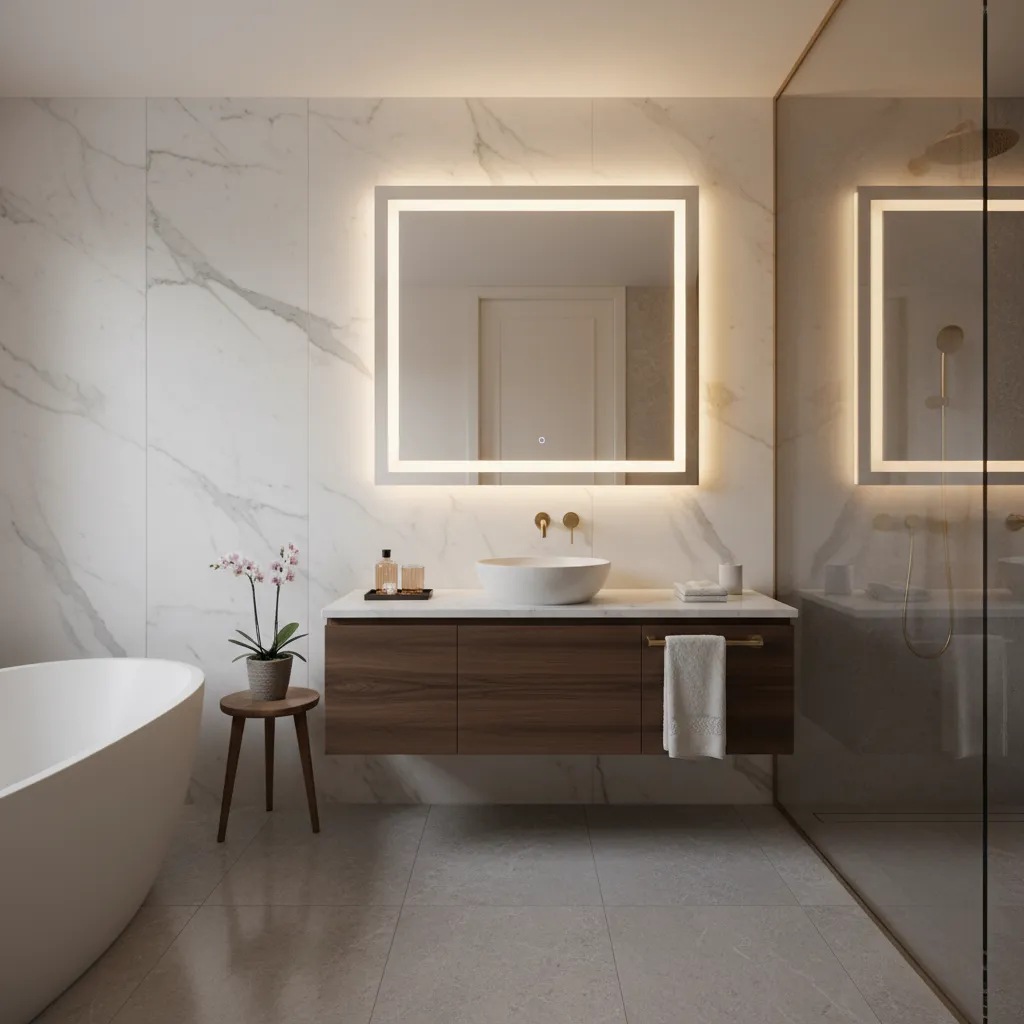 boutique hotel style luxury bathroom with floating vanity and lighting