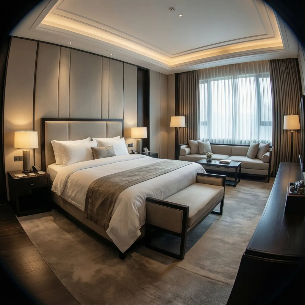 hotel style luxury master bedroom with symmetrical lighting and seating area