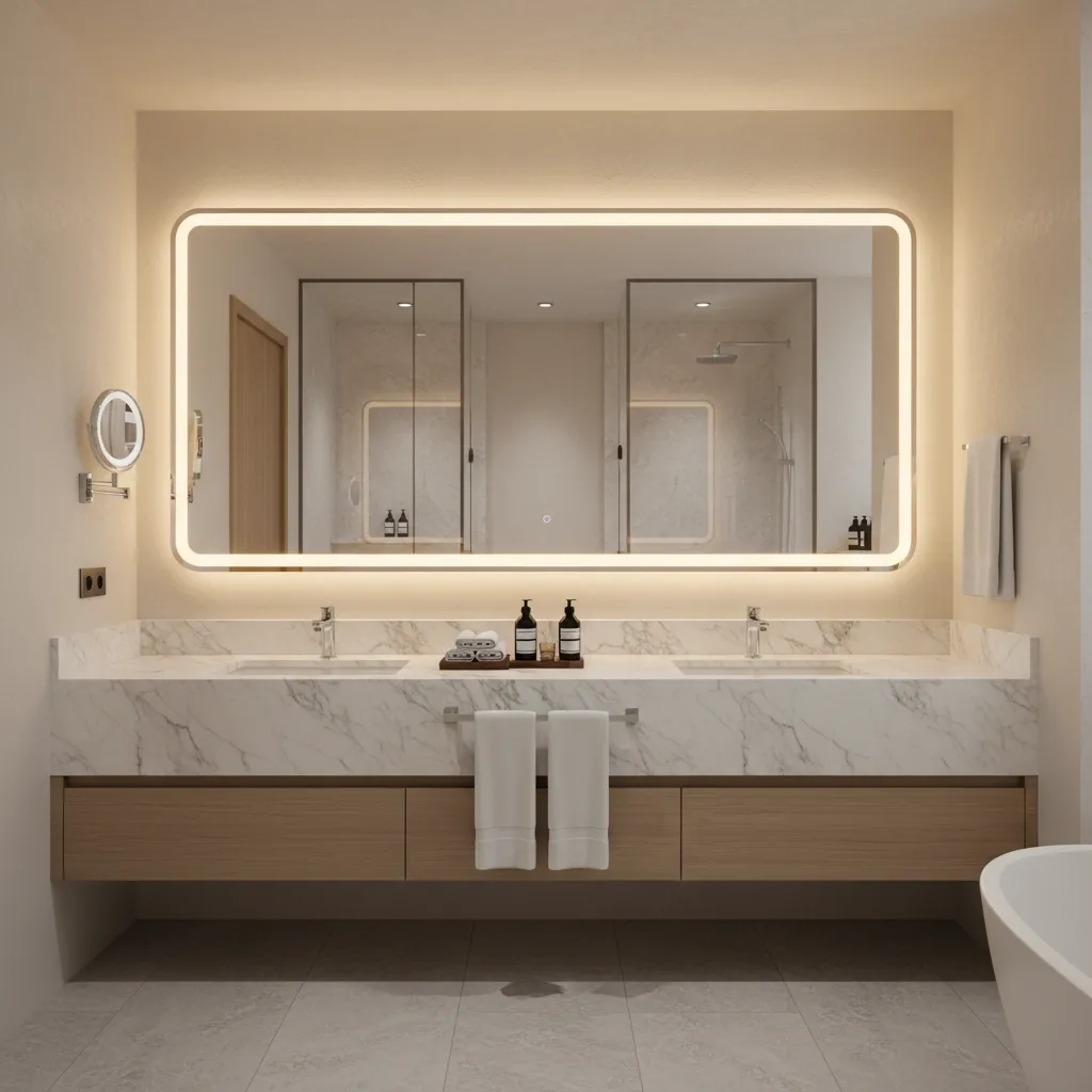 luxury hotel suite bathroom with vanity area and mirror lighting