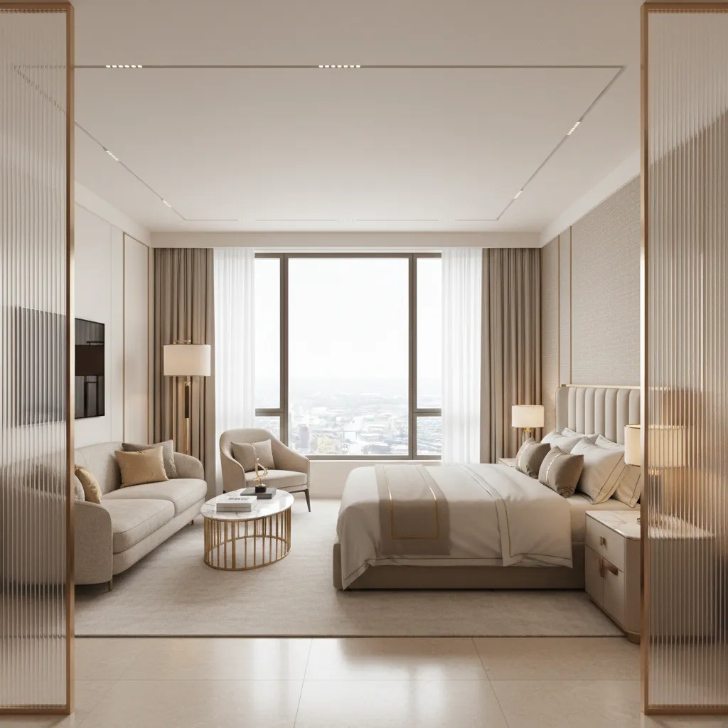 Hotel suite showing bed lounge seating and vanity areas divided into functional zones