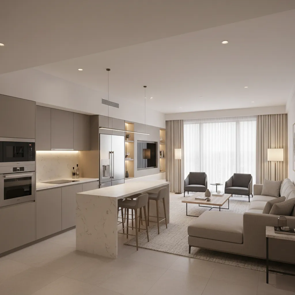 Hotel suite open plan with kitchen and living area