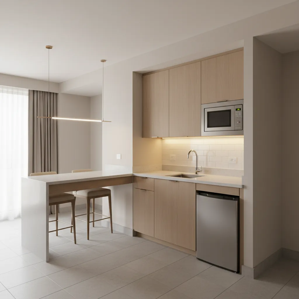 Hotel suite kitchenette with small dining and cooking area