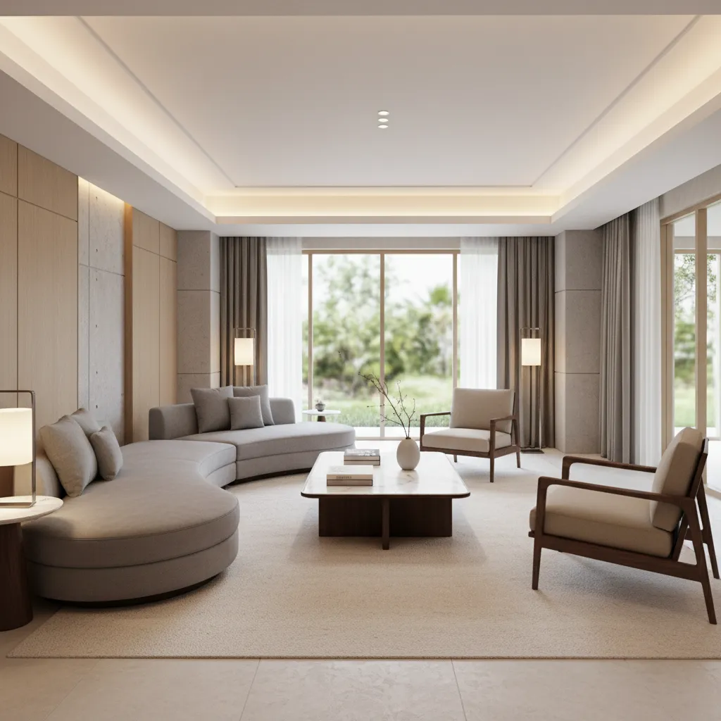 hotel suite living area with sofa chairs and table layout