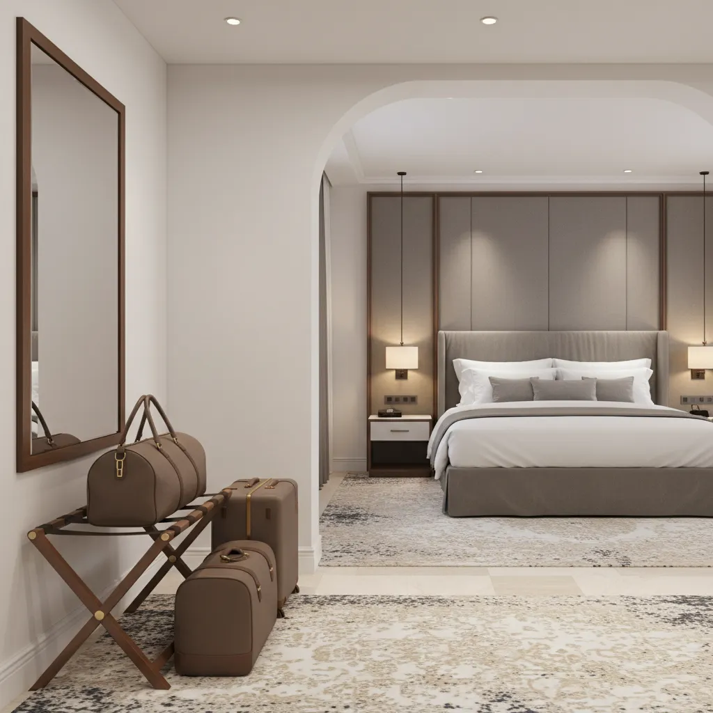 Organized hotel room with luggage placed along wall near entry keeping walking path open
