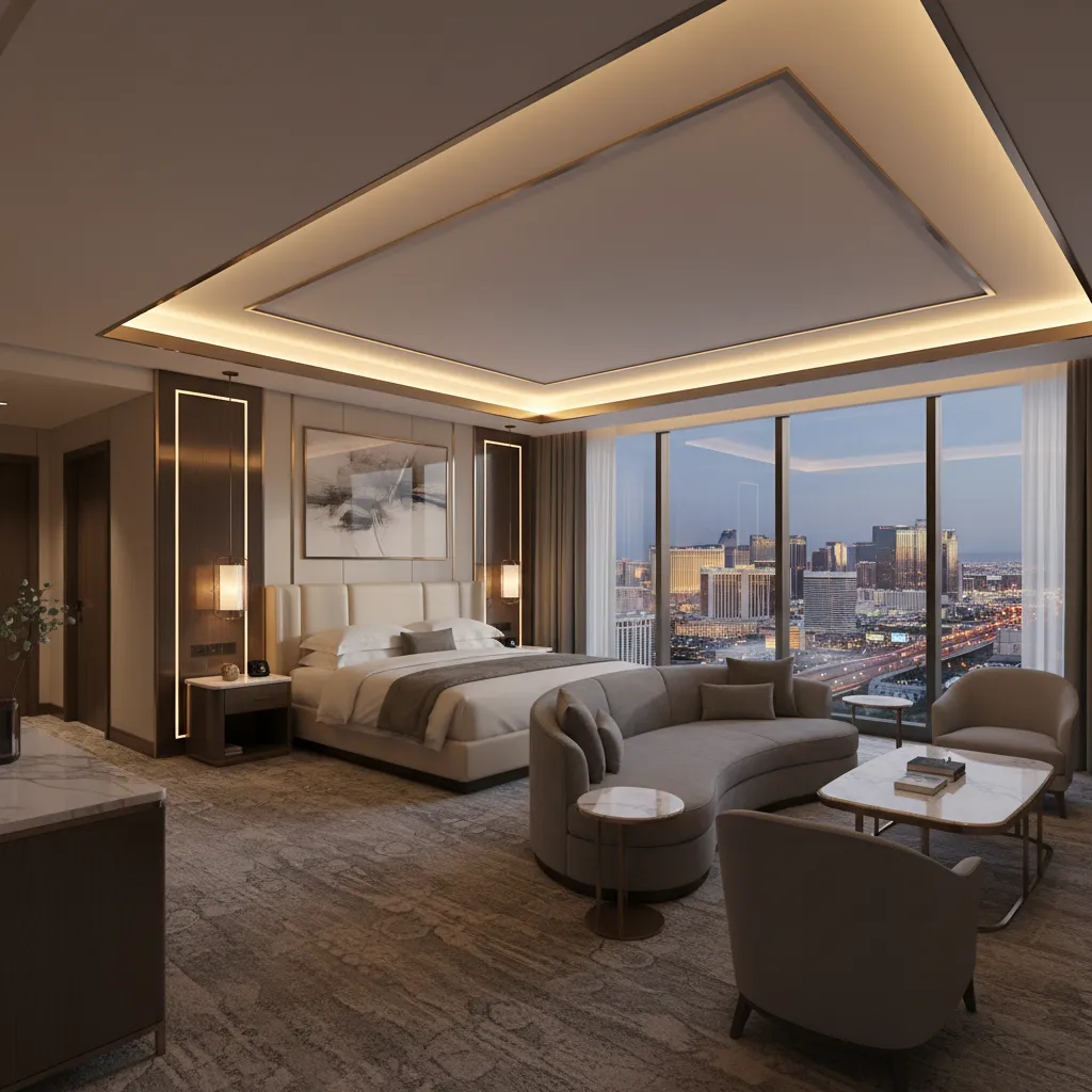 Open layout luxury hotel suite with king bed and seating area