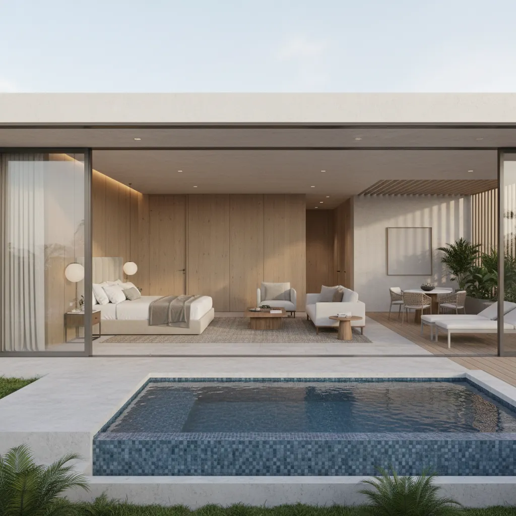 Modern hotel suite layout with terrace plunge pool and lounge area
