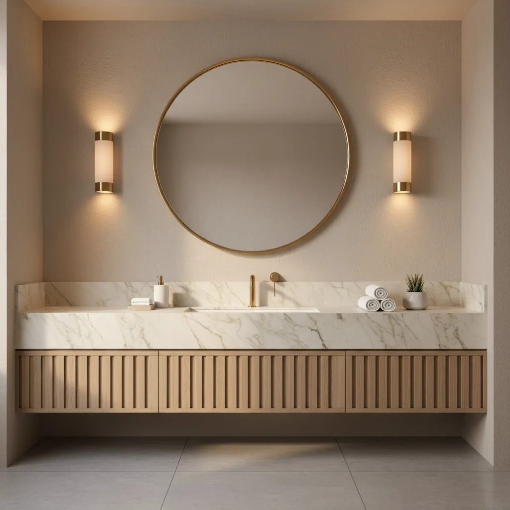 Vanity mirror and lighting setup inside a modern hotel suite bathroom area