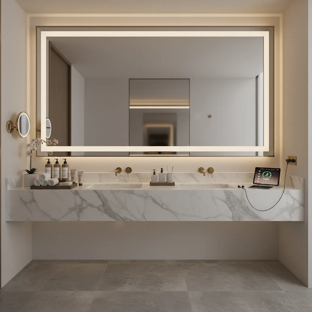 Modern hotel suite vanity counter used as grooming and device charging space