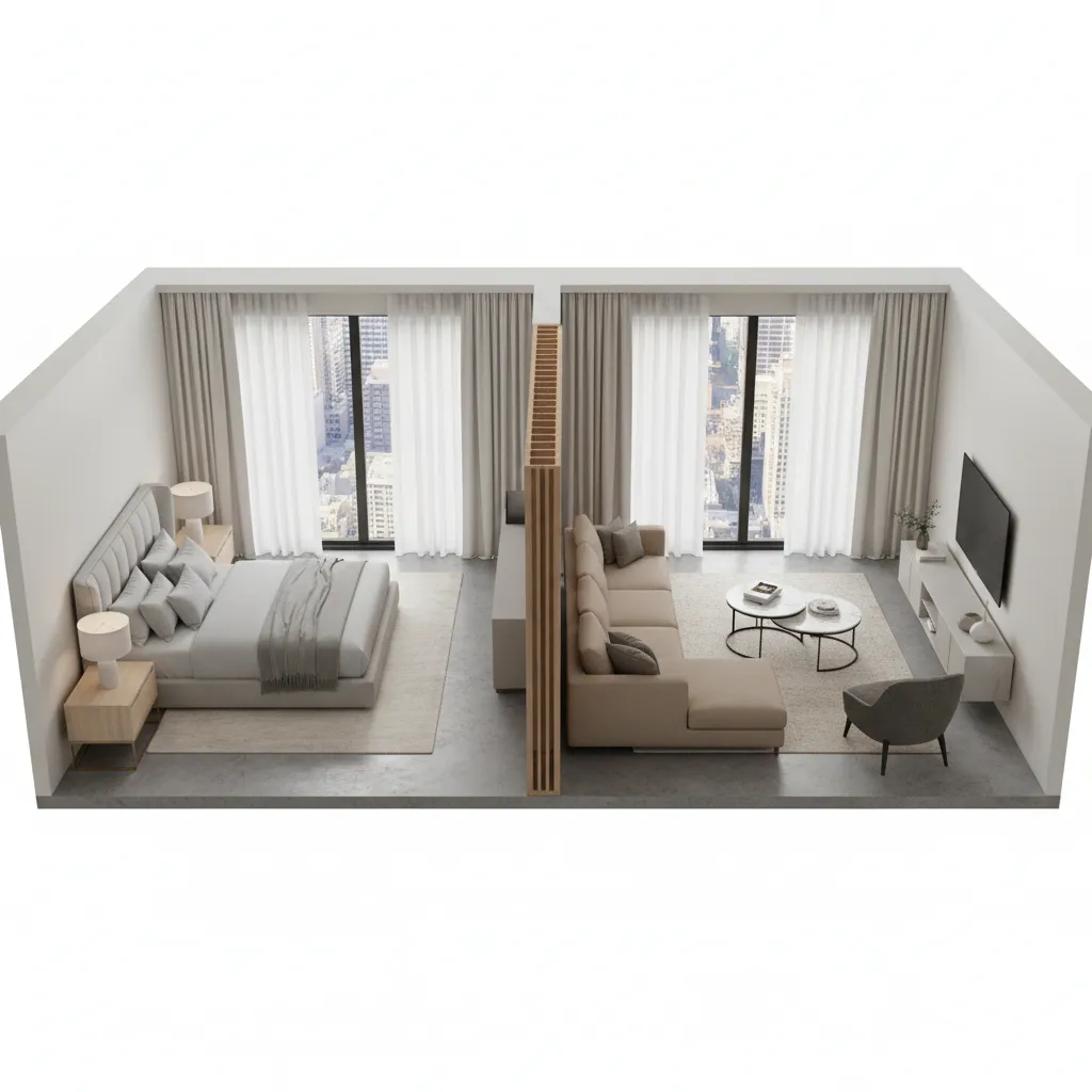 Hotel suite layout showing sleeping and seating zones