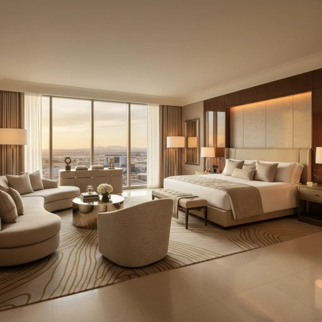 Hotel suite interior showing bed area separated visually from lounge seating