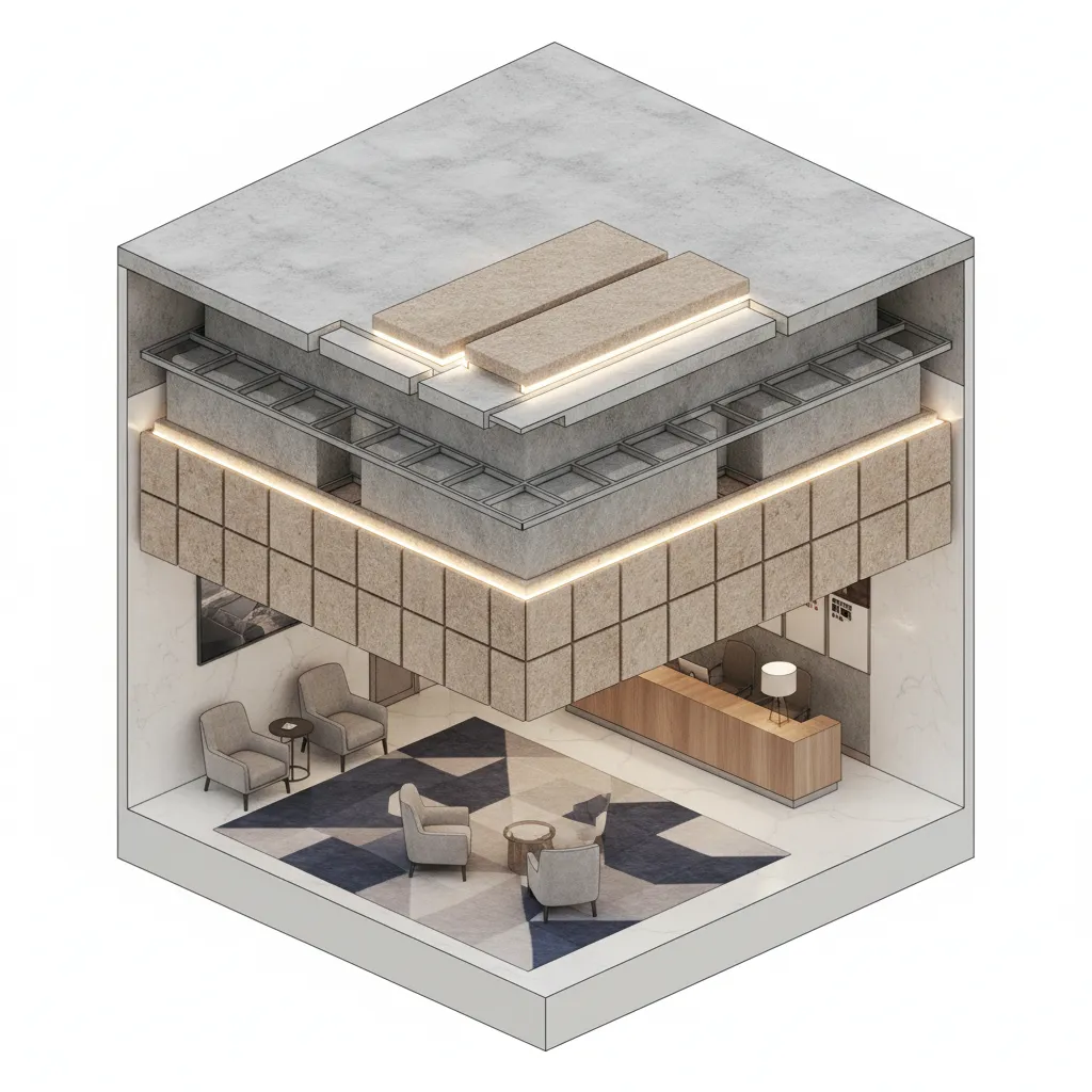 Cutaway diagram style visualization of layered suspended acoustic ceiling structure