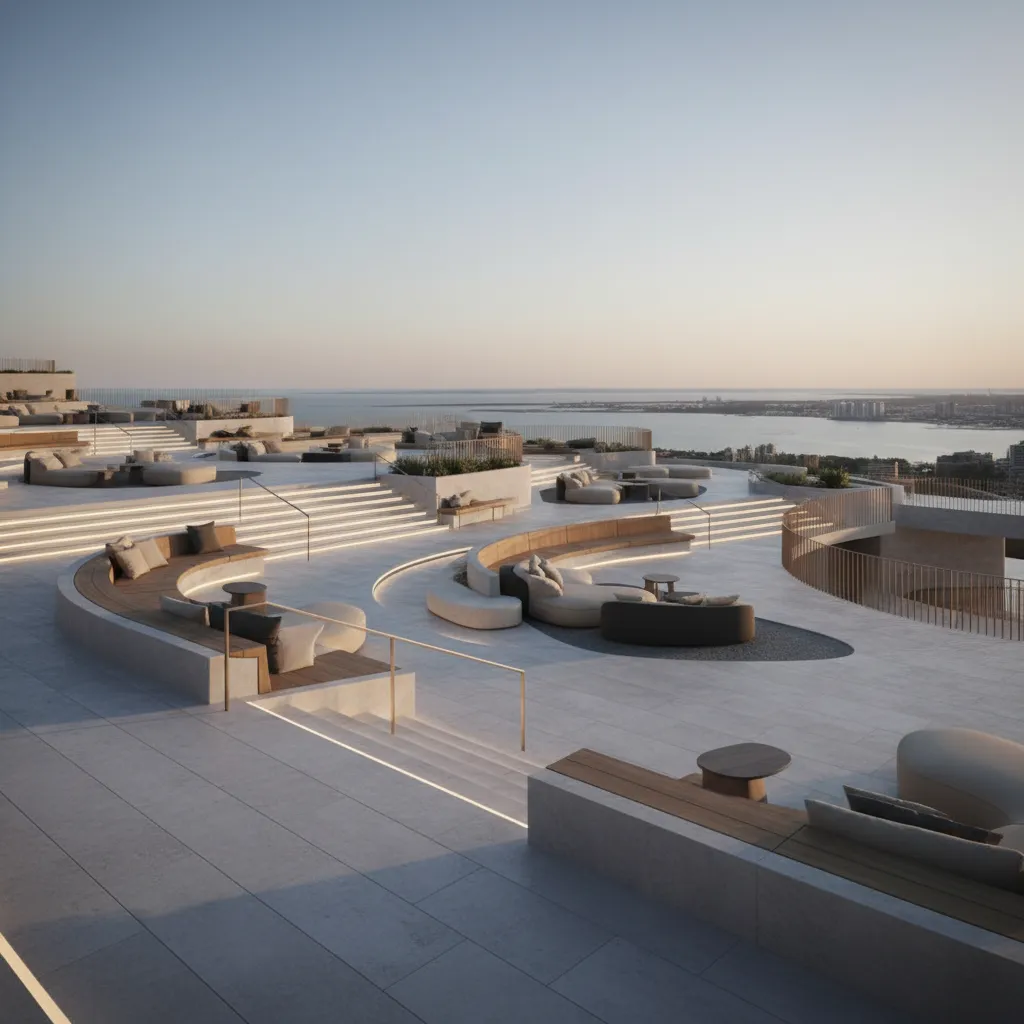 Modern outdoor terrace with curved stone benches grey sofa seating area and ocean view sunset