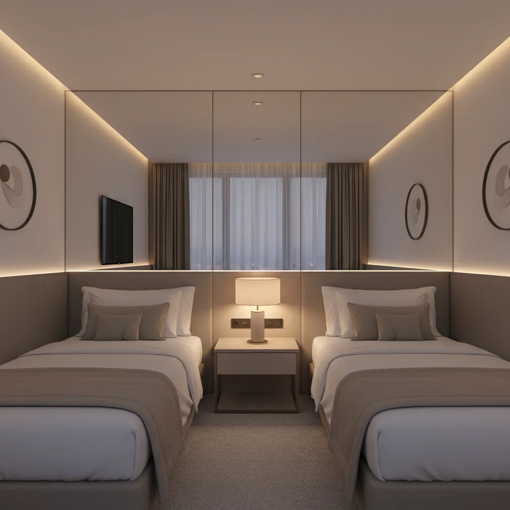 Symmetrical hotel room with two twin beds and central nightstand