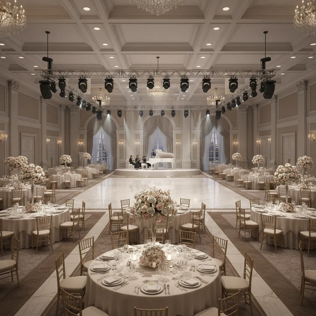 hotel ballroom wedding reception 3d layout render with tables stage and lighting