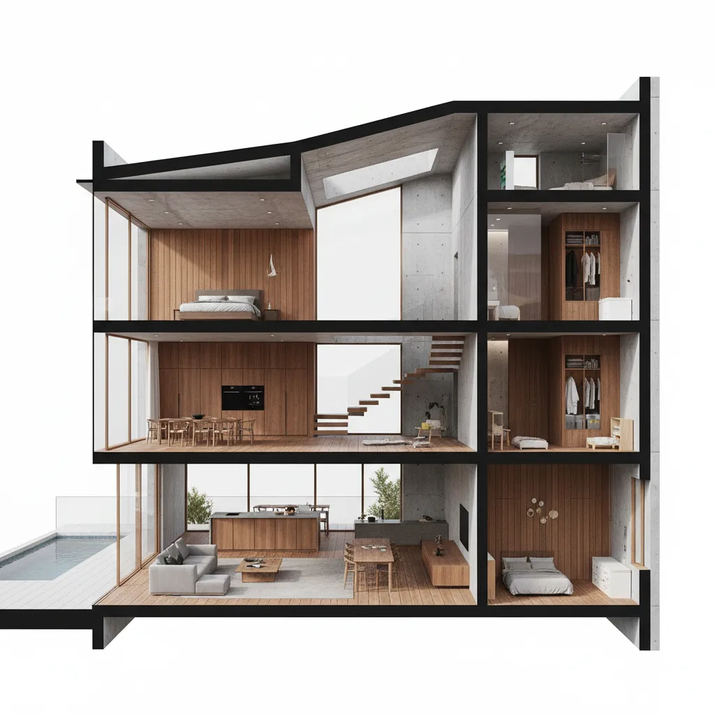 Sección 3D de una vivienda mostrando diferentes habitaciones