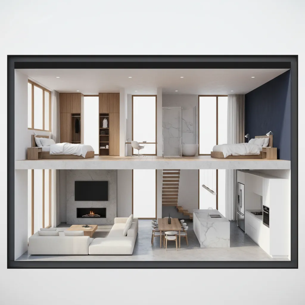 Mô hình nhà 3D hiện đại hiển thị bố trí phòng và nội thất