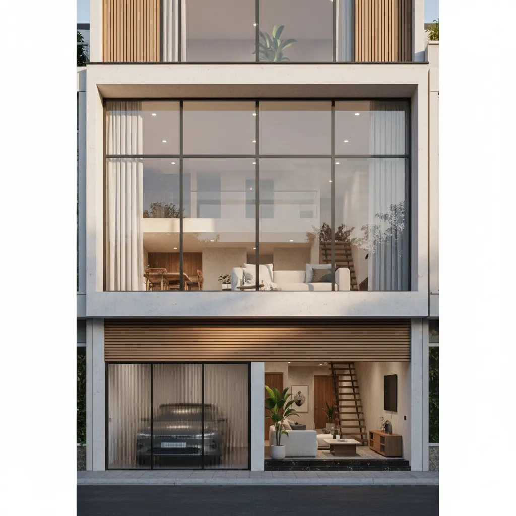 Modern house exterior with car in garage and living room visible through large glass windows