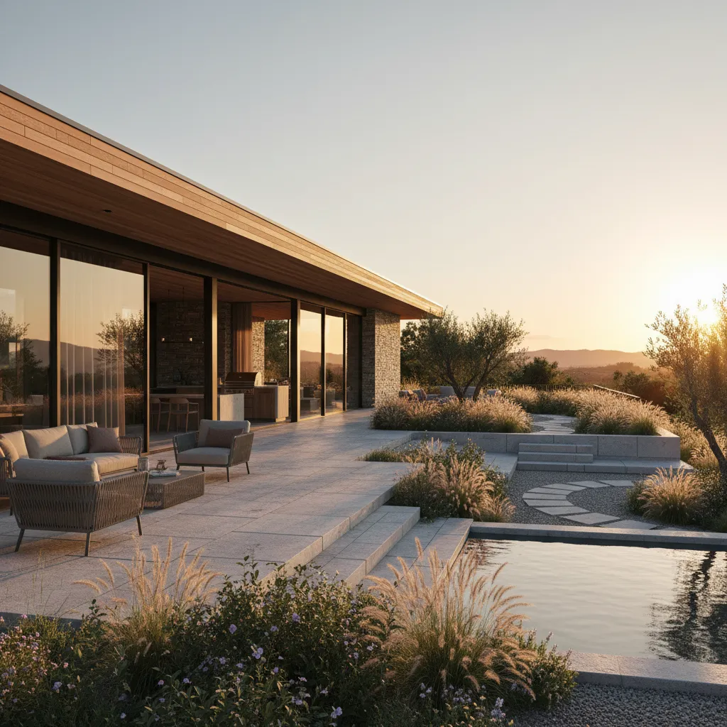 Modern house with stone patio, grey outdoor sofas, swimming pool, and golden sunset garden grasses