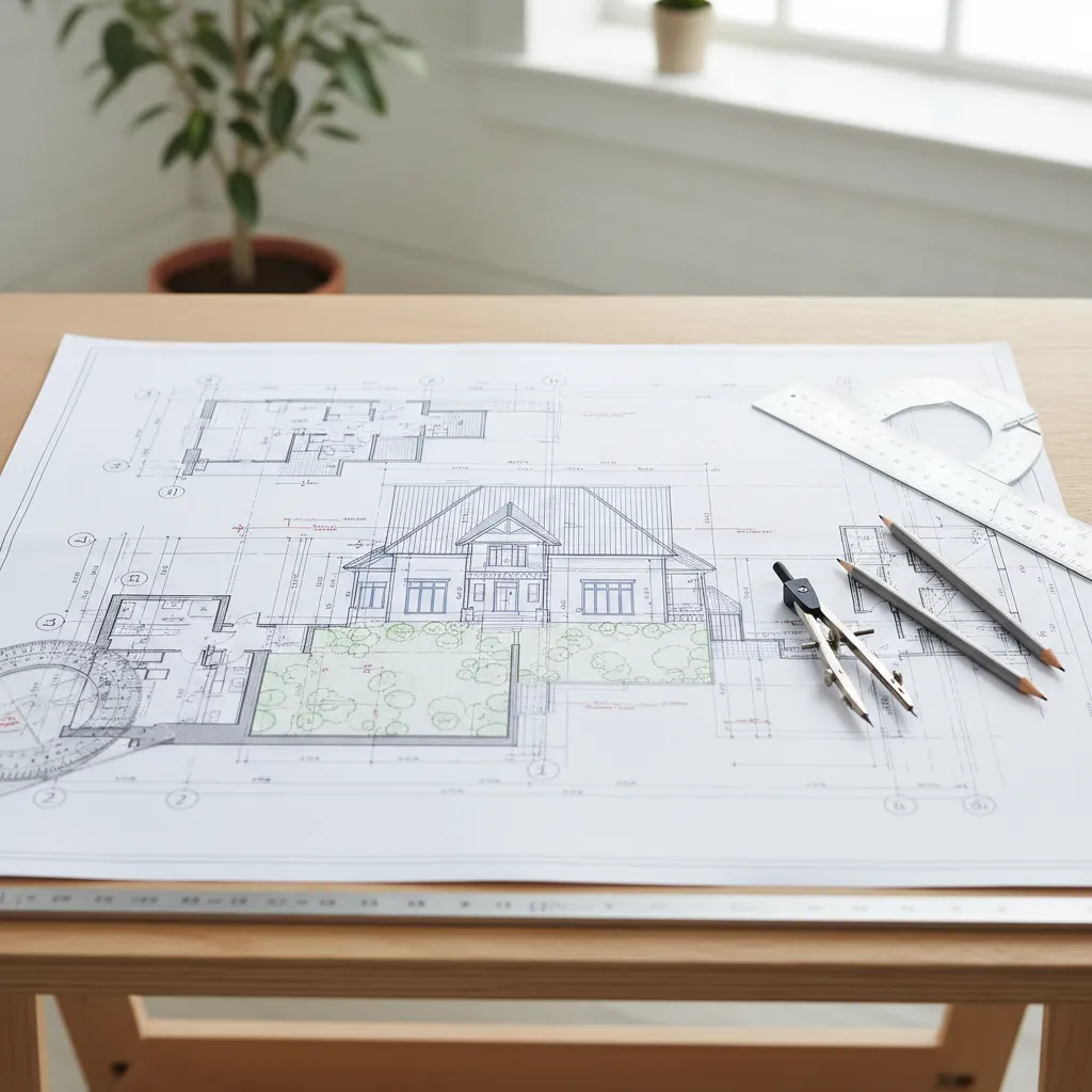 Detailed house floor plan and home drawing on a desk with a compass and pencils