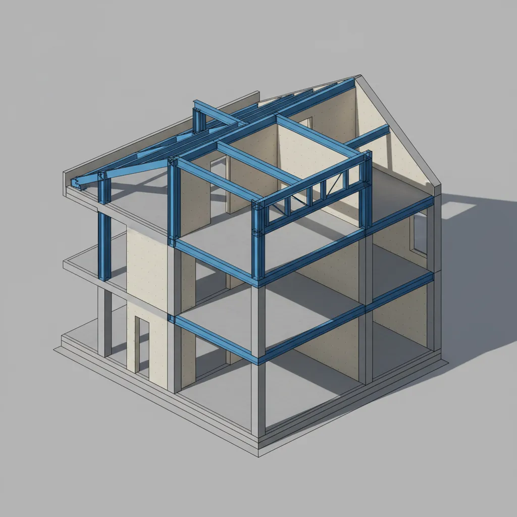 Detalle estructural de una casa modelada en software técnico