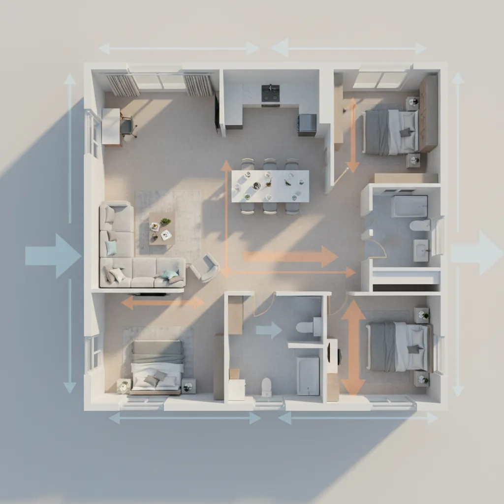 visualización de circulación dentro de un plano de casa en 3D