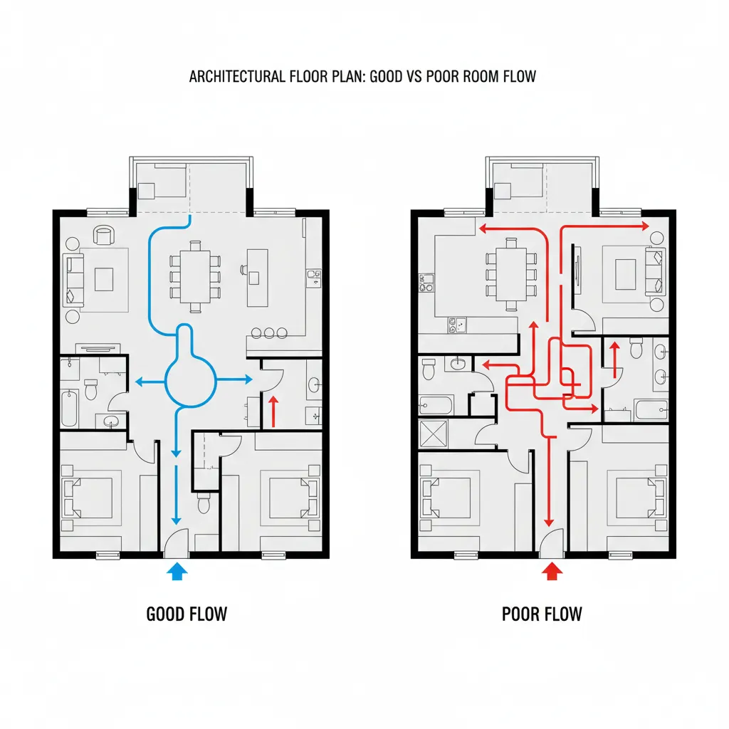 Home circulation flow diagram showing good and bad room connections