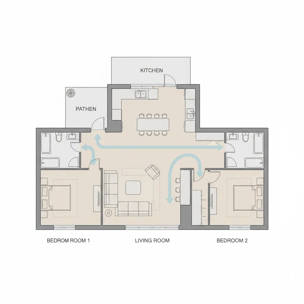 Floor plan layout with blue arrows showing movement paths between bedrooms kitchen and living room