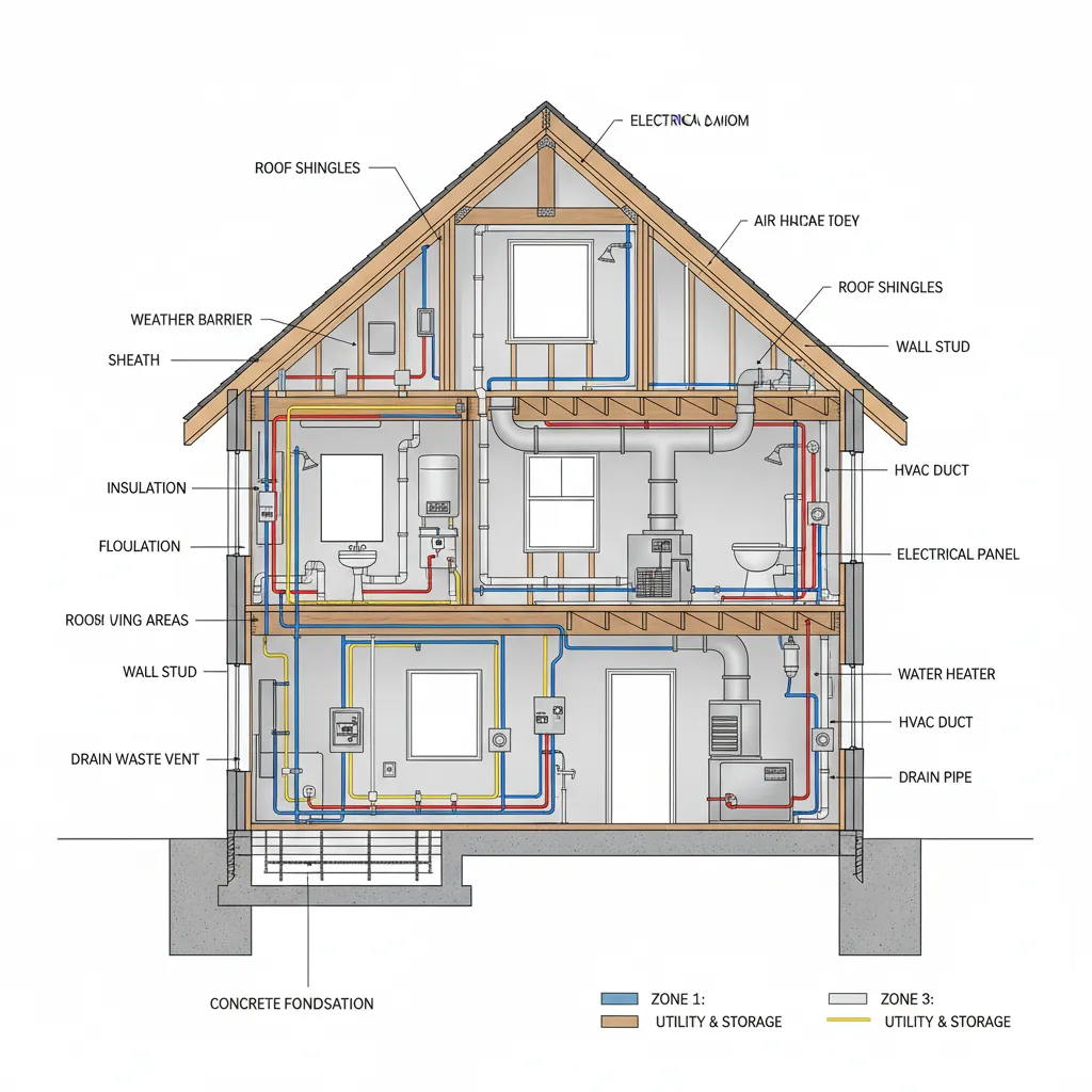 visual representation of major house construction components like foundation framing roof and systems