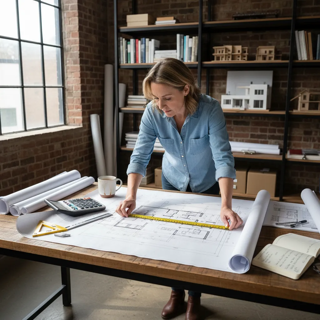 Architect reviewing house construction plans and material calculations