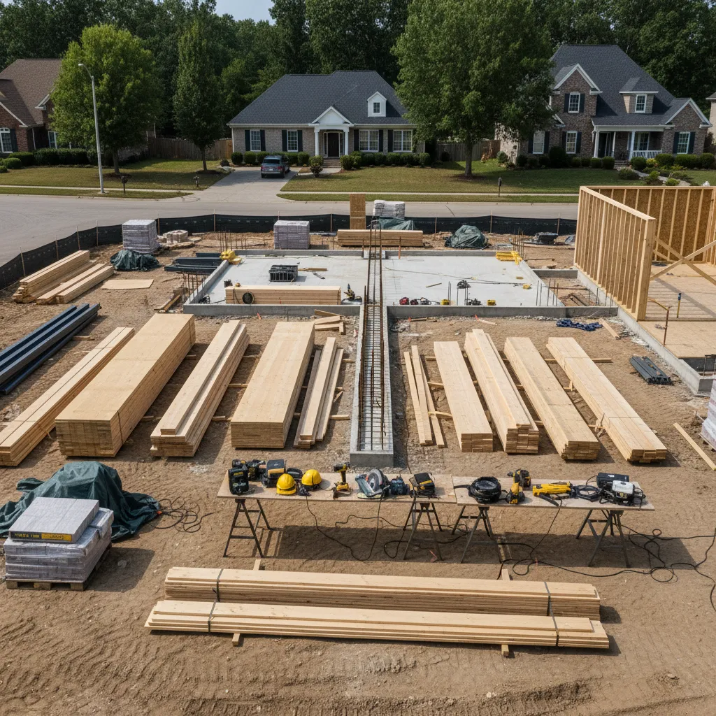 residential construction site with lumber concrete foundation and building materials
