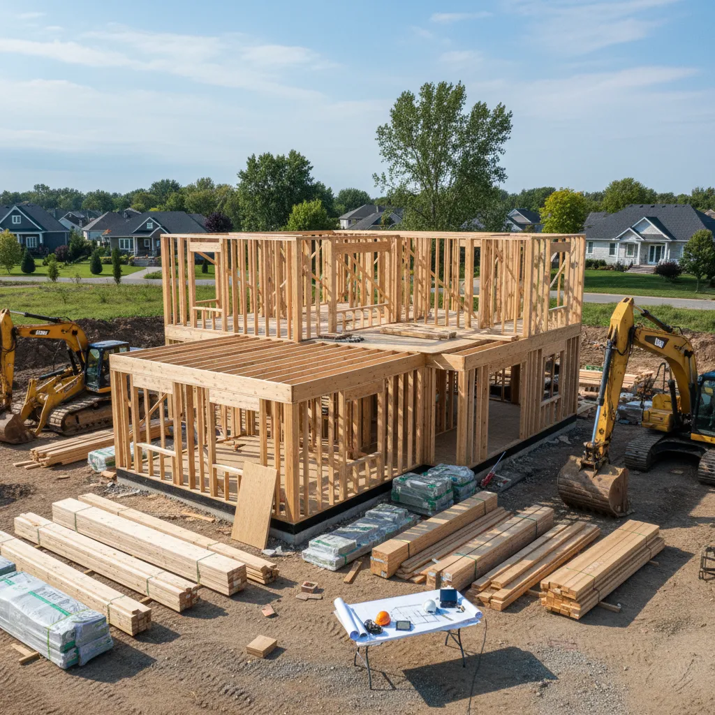 Residential house construction site with framing and materials illustrating rising construction costs