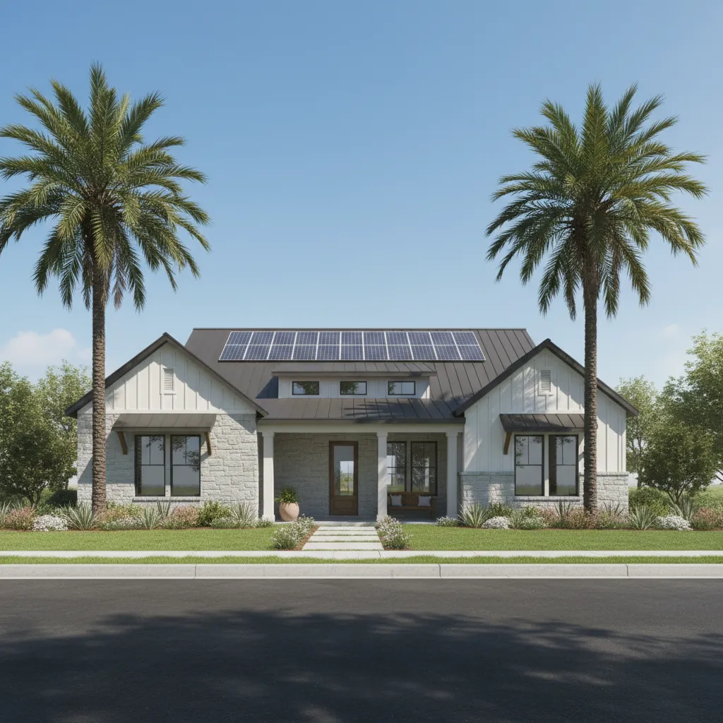 Suburban house under strong sunlight illustrating cooling load from climate conditions