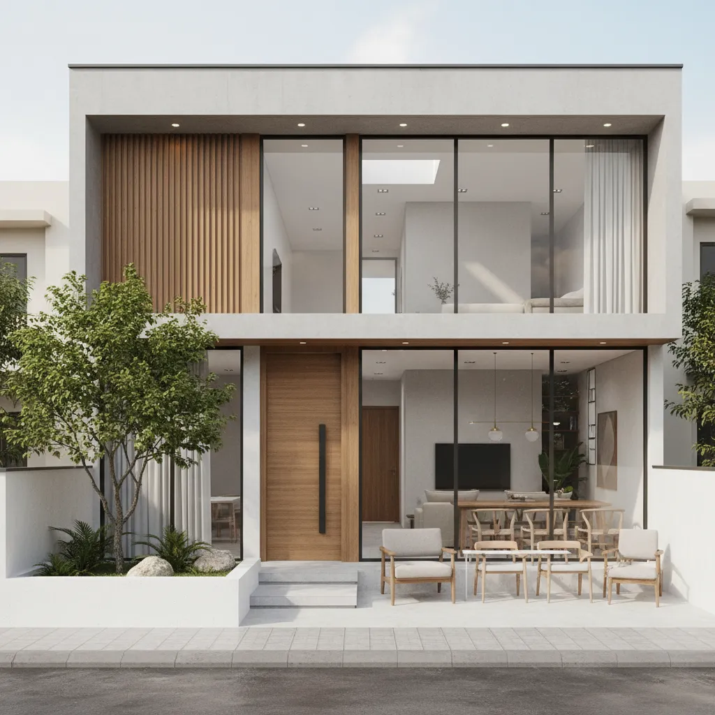 Modern two story house with large glass windows wooden front door outdoor chairs and tree