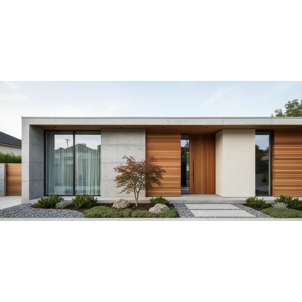 Modern one-story house exterior featuring concrete walls wood panels large glass windows and simple garden