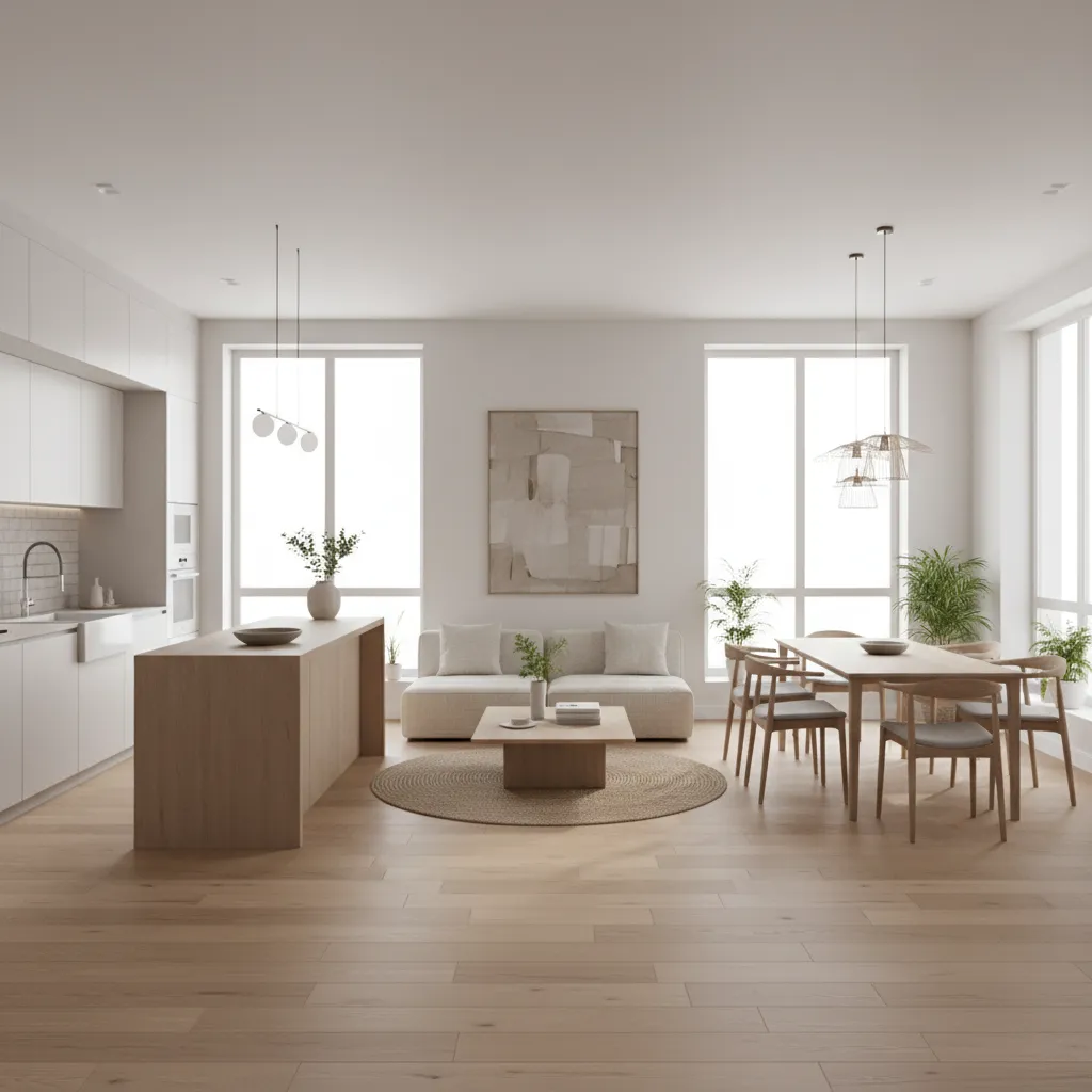 Minimalist living room featuring kitchen island sofa dining table wood floor and large bright windows