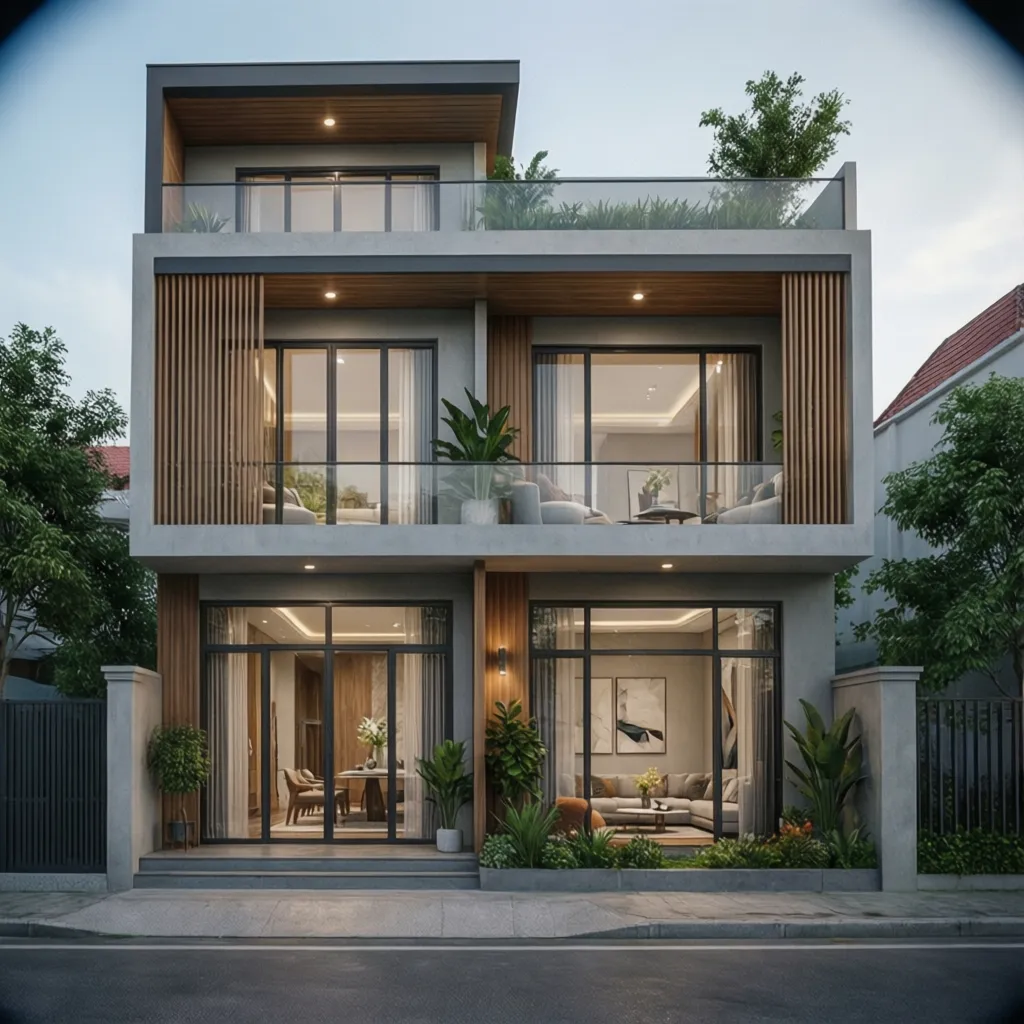 Modern three level house exterior design featuring large glass windows wooden wall panels and green plants