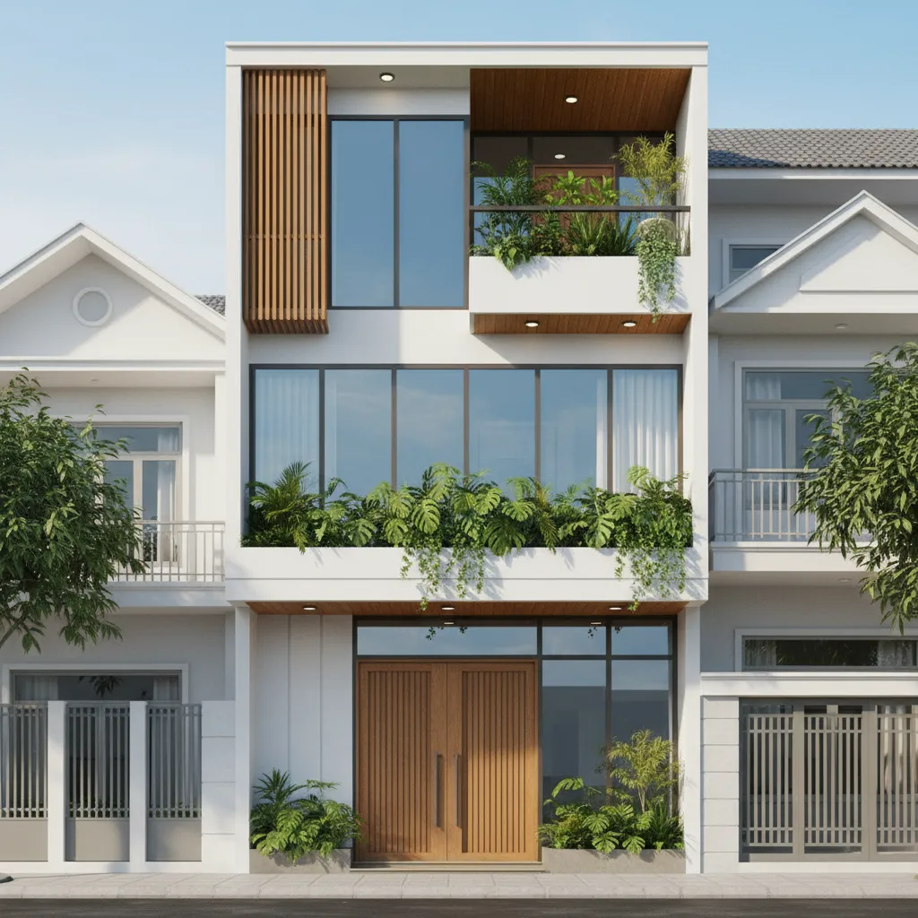 Modern white three story house facade with large windows wooden doors and many green plants