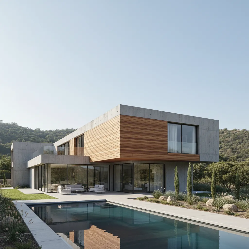Modern two level house with wood and concrete walls and a blue swimming pool outside