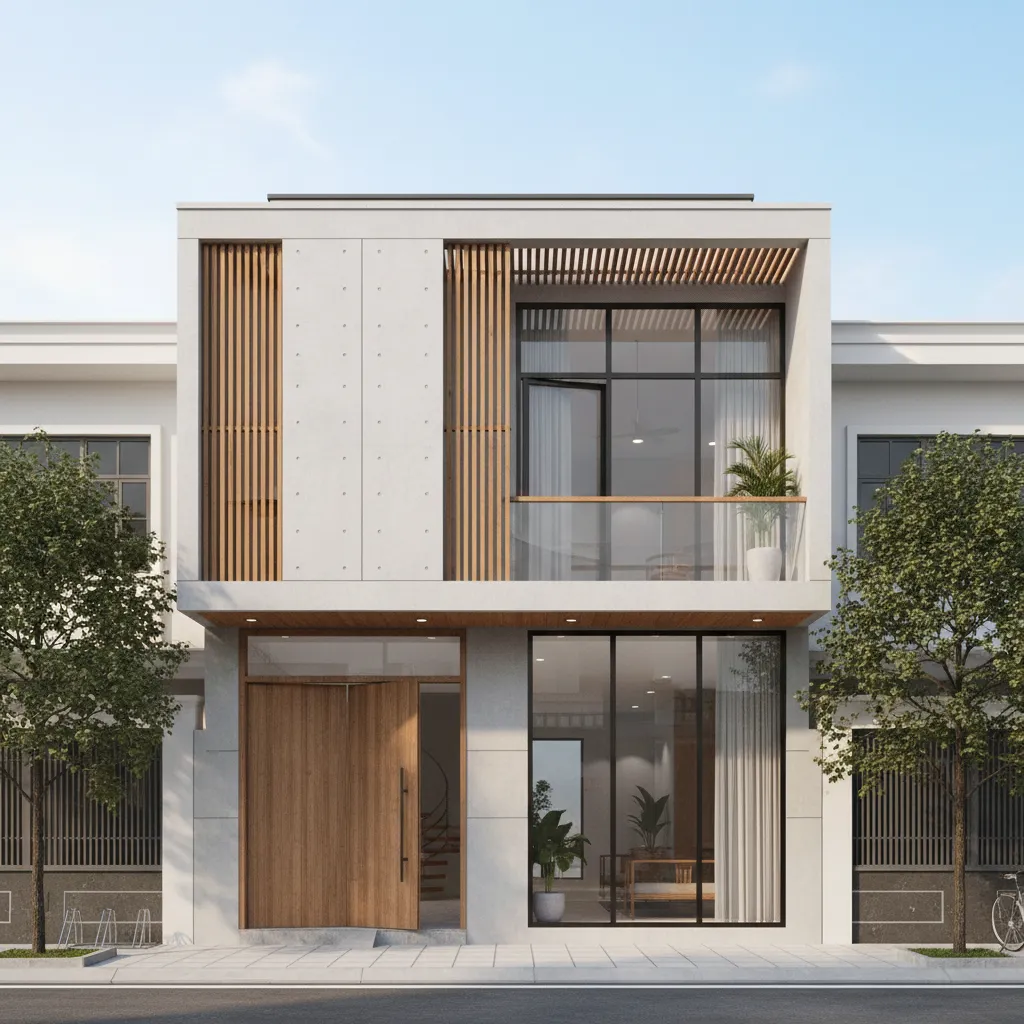Modern two story house exterior with concrete walls wooden door large windows balcony and trees