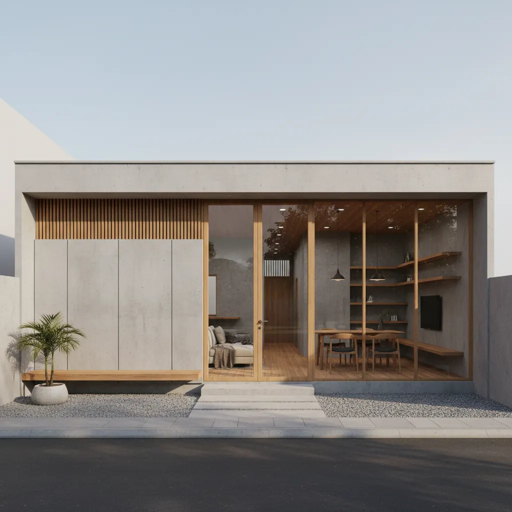 Modern concrete house with glass doors showing interior dining area with wooden furniture and plant
