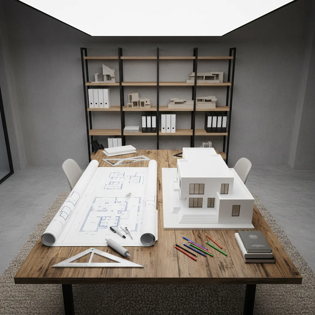 Wooden table with white house model blue floor plan drawings rulers pencils and tall bookshelf