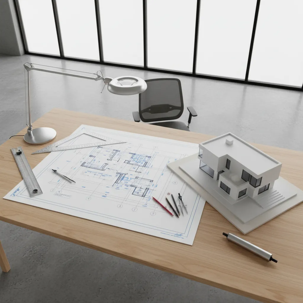 Wooden desk featuring a house blueprint white model office chair and a silver desk lamp