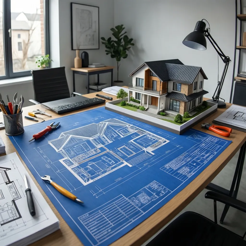 Wooden desk with blue house layout drawing and physical house model plus tools and lamp