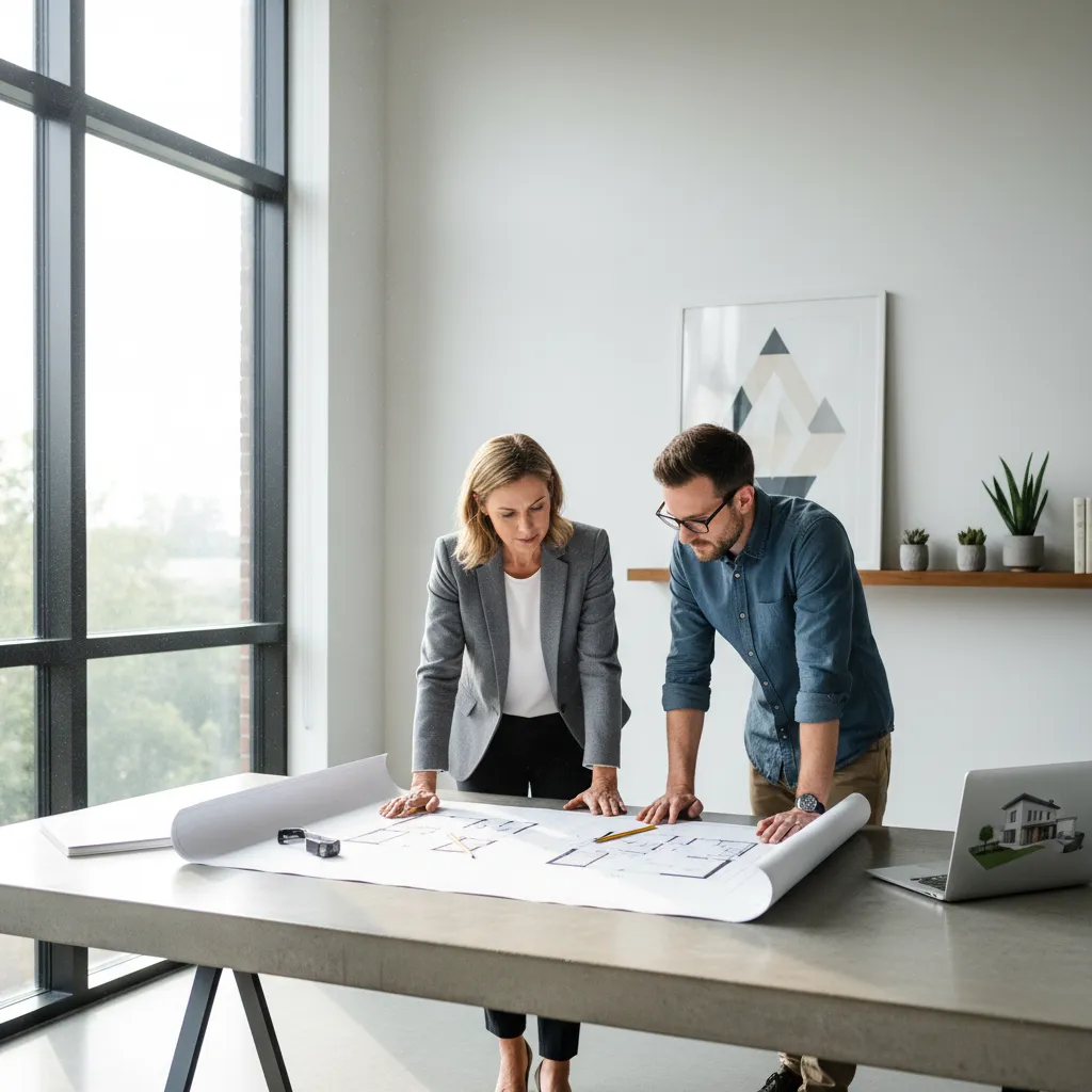 Two people standing at a table looking at a house floor plan design inside office